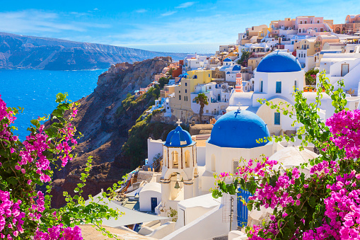 View of Santorini, Greece, with the Aegean in the background