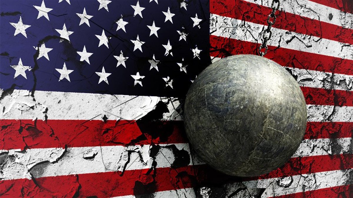 wrecking ball shatters US flag.